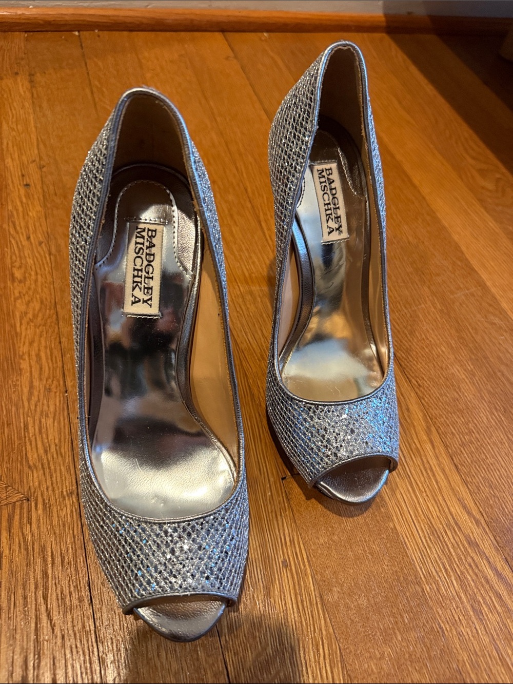 Badgley Mischka Silver Mesh Peep-Toe Evening Pumps